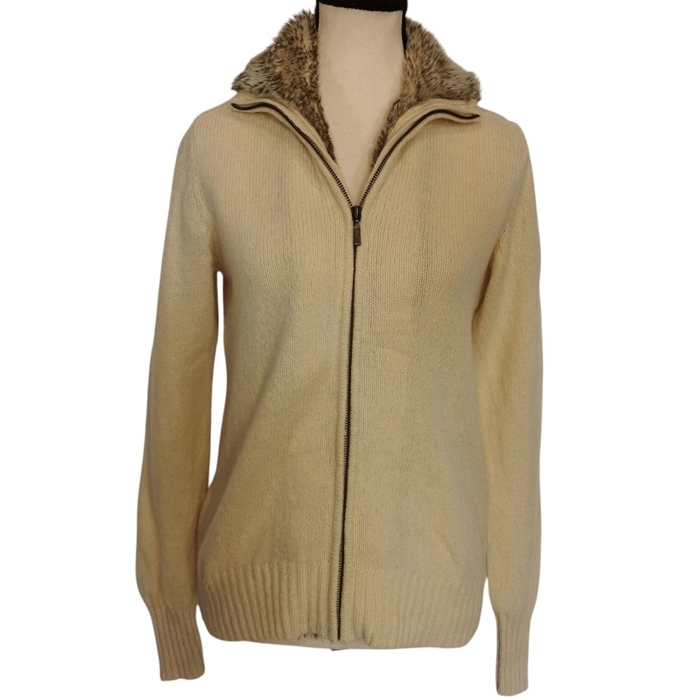 Eddie Bauer Wool/Alpaca Full Zip Beige Cardigan Faux Fur Sz S Open To Offers